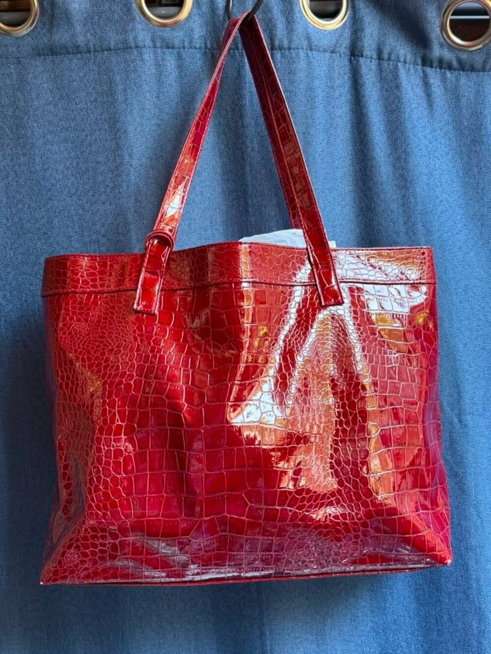 Neiman Marcus Red Croc Embossed Patent Leather Tote Bag Shoulder Purse Classic